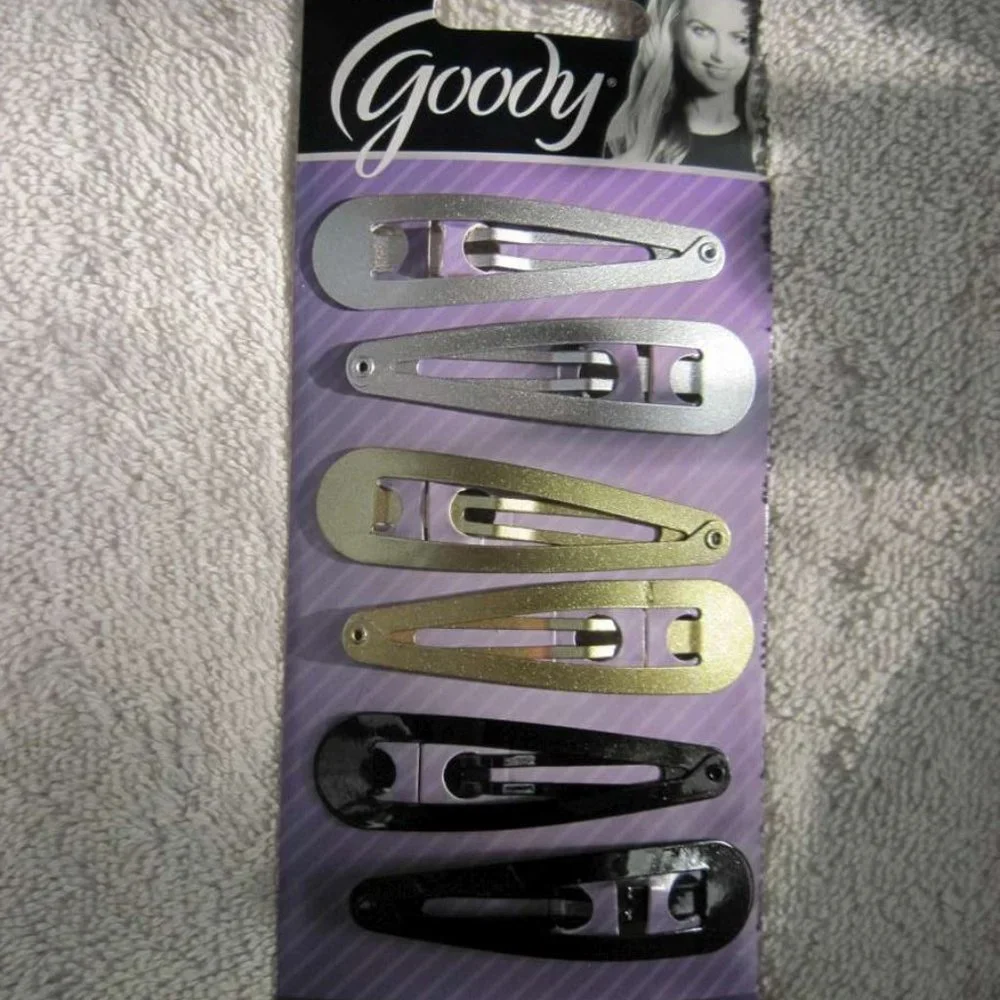 6 Goody Large Metallic Silver Gold Sparkly Black Metal Snap Hair Clips Contour